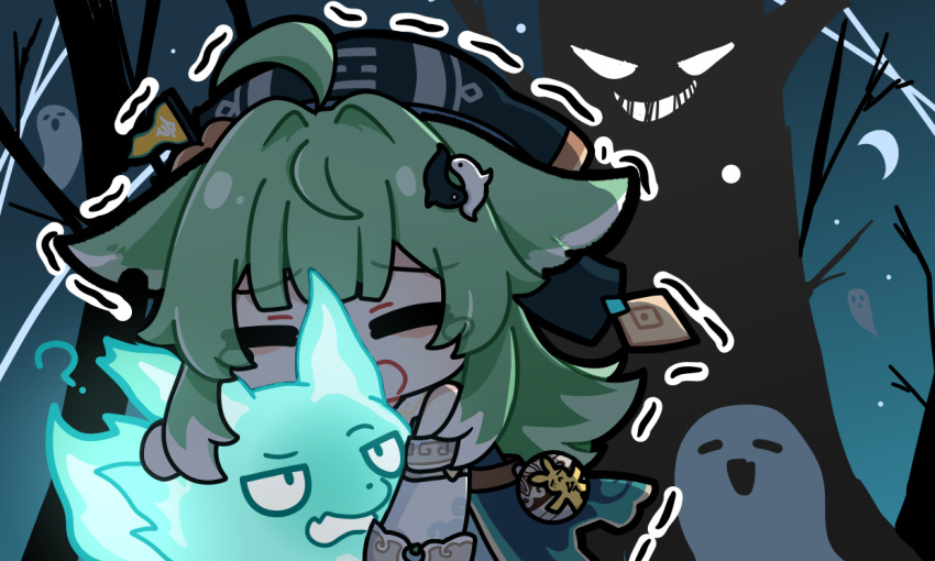 1girl ? ahoge chibi chibi_only chinese_commentary commentary_request crescent crying dress droopy_ears fox_girl ghost green_dress green_hair hair_between_eyes hair_intakes honkai:_star_rail honkai_(series) huohuo_(honkai:_star_rail) medium_hair multicolored_hair outdoors scared solo streaked_hair tail_(honkai:_star_rail) trembling yin_yang_hair_ornament youtho