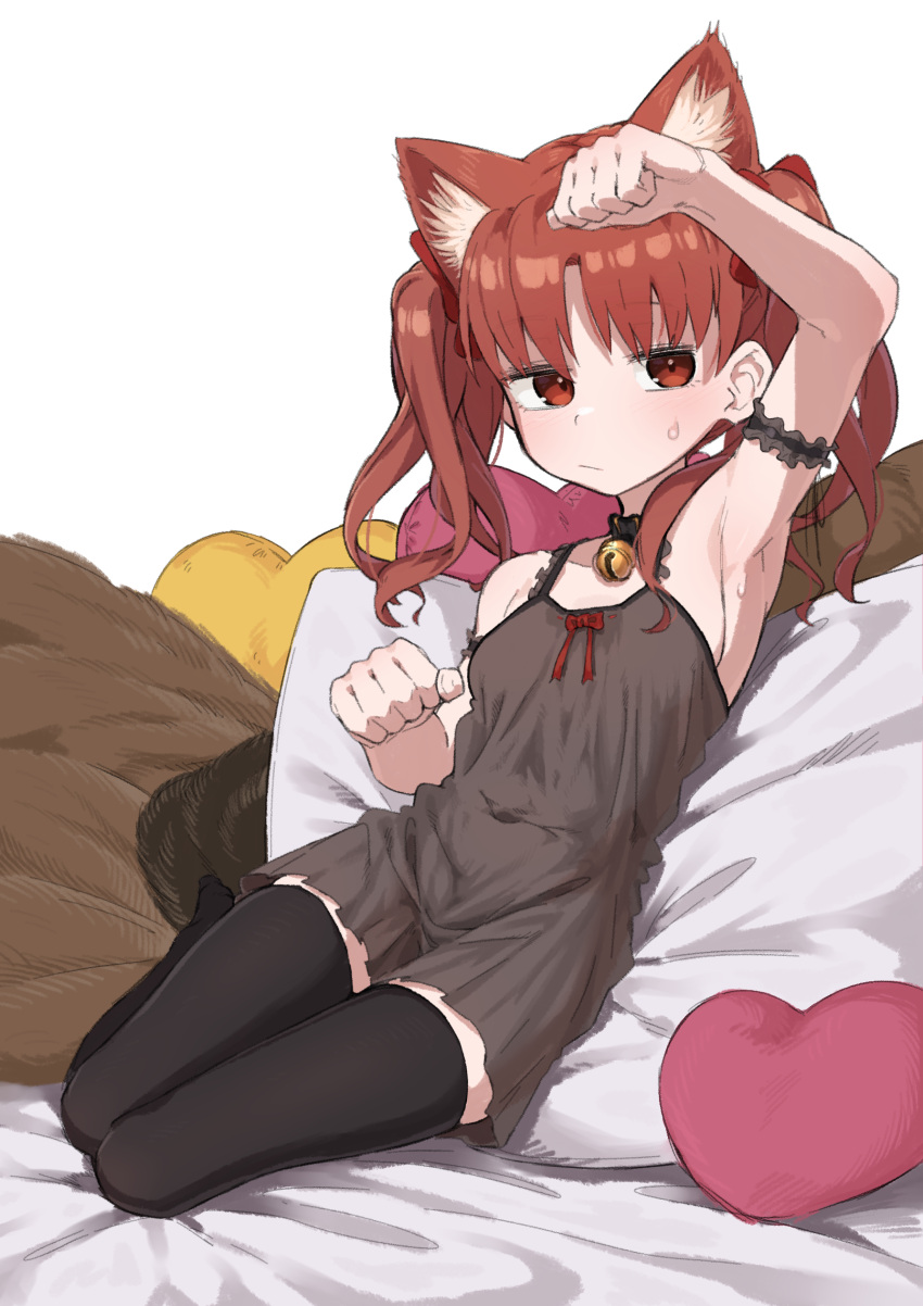 1girl :/ absurdres arm_up armpits bare_shoulders bell black_dress blush bow breasts brown_eyes cat_girl clenched_hands commentary_request covered_navel dress expressionless frown full_body hair_bow hand_up heart heart-shaped_pillow highres irokohaku kemonomimi_mode legs_together long_hair looking_at_viewer lying medium_hair neck_bell on_back on_pillow orange_eyes orange_hair paw_pose pillow red_bow shirai_kuroko sleeveless sleeveless_dress small_breasts solo thigh-highs thighs toaru_kagaku_no_railgun toaru_majutsu_no_index twintails
