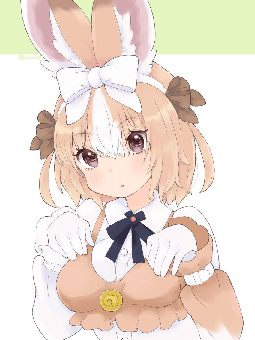 1girl :o absurdres animal_ears blue_bow blue_bowtie blush bow bowtie brown_bow brown_dress brown_vest collared_shirt cthun_n domestic_rabbit_(kemono_friends) dress frilled_sleeves frills gloves hair_between_eyes hair_bow highres kemono_friends light_brown_hair long_sleeves multicolored_hair puffy_sleeves rabbit_ears rabbit_girl shirt sidelocks solo two-tone_dress two-tone_hair upper_body vest violet_eyes white_bow white_dress white_gloves white_hair