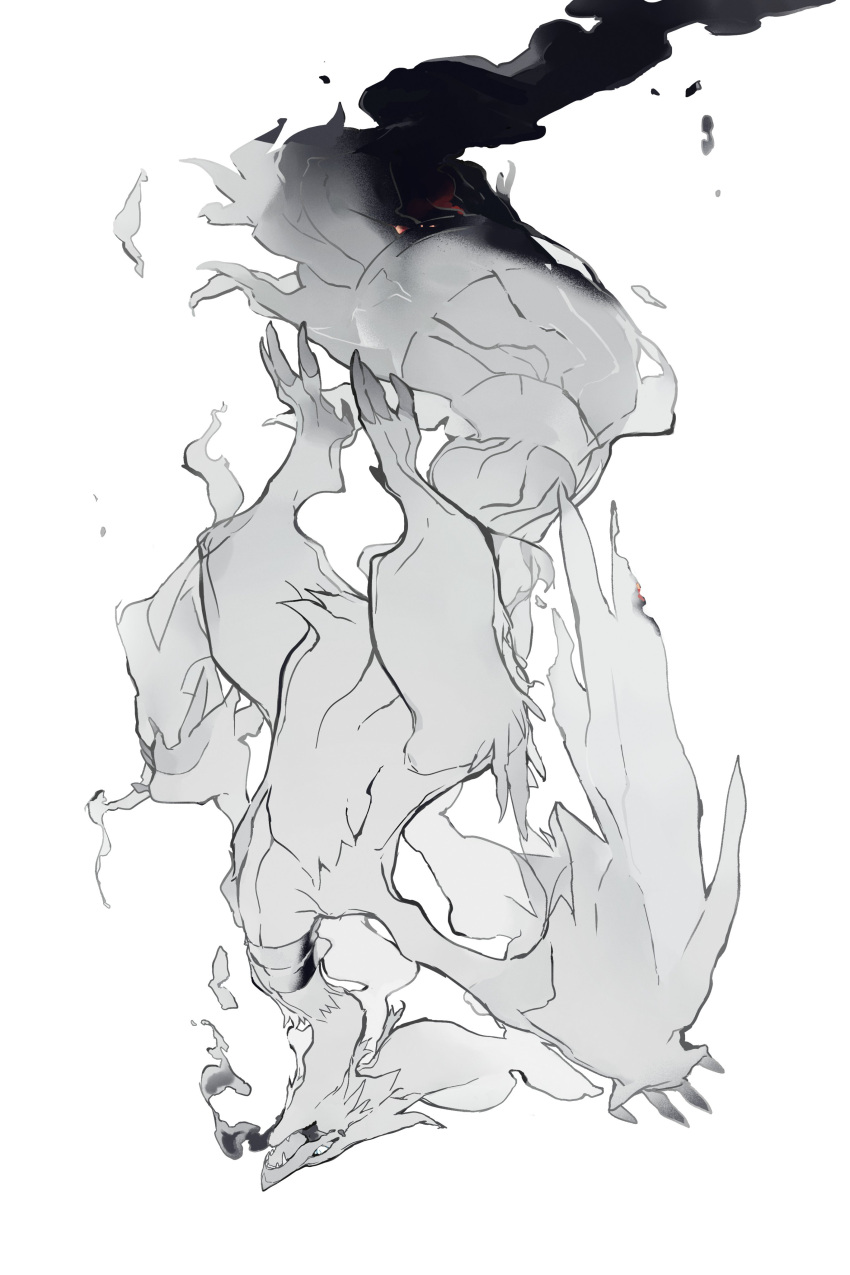 absurdres burning claws commentary english_commentary falling full_body greyscale highres keroreud monochrome no_humans open_mouth pokemon pokemon_(creature) reshiram simple_background smoke solo tail white_background wings