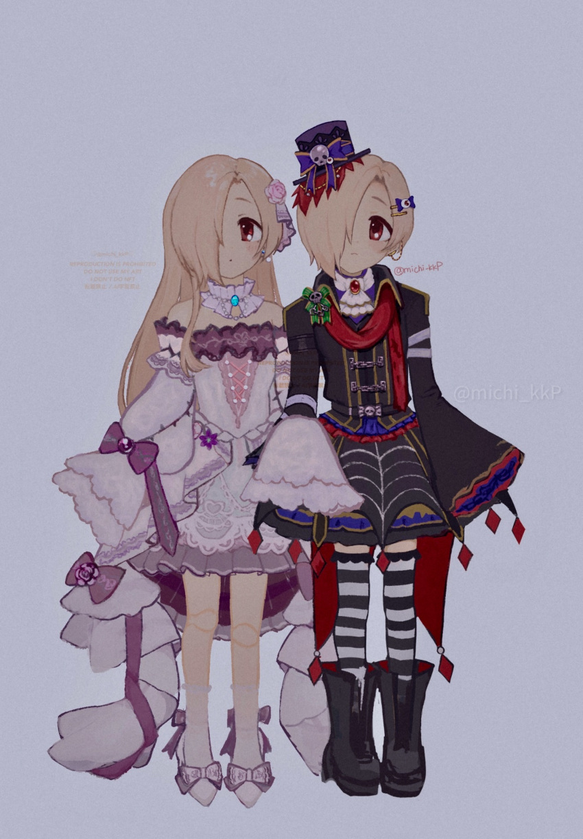 2girls ascot bare_shoulders blonde_hair boots doll_joints dress dual_persona expressionless flower full_body hair_flower hair_ornament hair_over_one_eye hat high_heels highres idolmaster idolmaster_cinderella_girls jacket joints long_hair looking_at_viewer michi_kkp mini_hat mini_top_hat multiple_girls red_eyes shirasaka_koume short_hair skirt sleeves_past_fingers sleeves_past_wrists striped_clothes striped_thighhighs thigh-highs top_hat white_dress zettai_ryouiki
