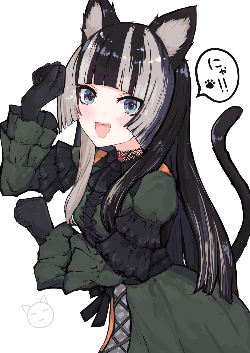1girl :d absurdres animal_ears black_gloves black_hair blush cat_ears cat_girl cat_tail fangs gloves gothic_lolita grey_eyes grey_hair highres hololive hololive_dev_is juufuutei_raden kemonomimi_mode lolita_fashion looking_at_viewer multicolored_hair nanamiya_natsumi paw_pose simple_background smile solo tail two-tone_hair upper_body virtual_youtuber white_background