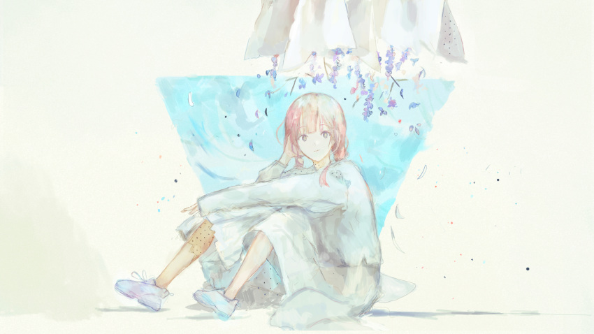 1girl arm_rest asymmetrical_footwear blue_footwear braid bright_pupils closed_mouth commentary_request dress expressionless falling_petals flower full_body grey_eyes hand_in_own_hair highres kaf_(kamitsubaki_studio) kamitsubaki_studio knees_up lavender_(flower) long_hair long_sleeves looking_at_viewer mismatched_footwear multicolored_eyes petals pink_hair purple_flower purple_footwear shoes sitting smile sneakers solo twin_braids virtual_youtuber white_dress white_footwear white_pupils yori_(f2_ef7)