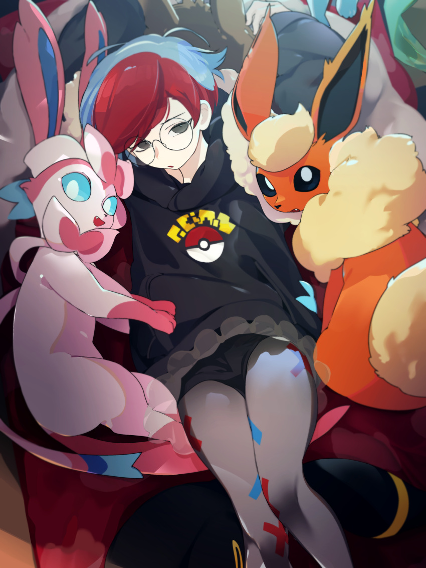1girl arms_up backpack bag black_sclera black_shorts black_sweater blonde_hair blue_eyes blue_hair blue_sclera blurry bow colored_sclera commentary depth_of_field eevee fang flareon flat_chest from_above glasses grey_eyes grey_pantyhose half-closed_eyes happy highres hood hood_down hooded_sweater idkuroi indoors knees_together_feet_apart leafeon legs long_sleeves looking_at_viewer lying miniskirt multicolored_hair neck_fur on_back on_bed open_mouth pantyhose penny_(pokemon) pink_bow pleated_skirt poke_ball_symbol pokemon pokemon_(creature) pokemon_sv print_pantyhose redhead round_eyewear see-through see-through_skirt short_hair short_shorts shorts sidelocks sideways_mouth skirt smile sweater sylveon thighs two-tone_hair umbreon vaporeon white_eyes