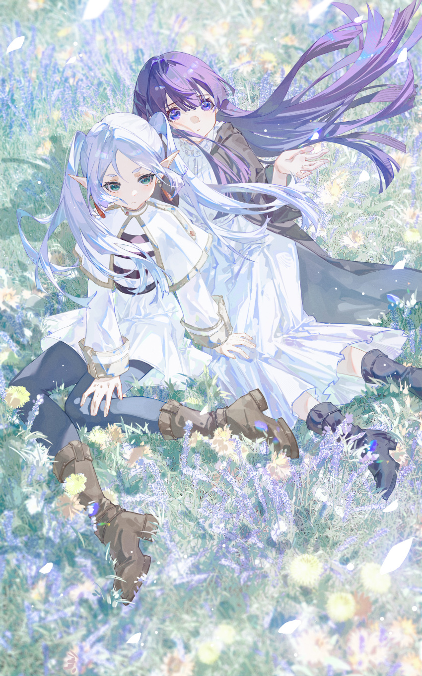 2girls absurdres black_footwear black_robe blue_pantyhose blunt_bangs boots capelet closed_mouth commentary_request dress drop_earrings earrings fern_(sousou_no_frieren) flower frieren grass green_eyes hand_on_another's_leg hand_on_own_leg hand_up highres jewelry long_dress long_hair long_sleeves looking_at_viewer multiple_girls on_grass outdoors pantyhose parted_bangs pointy_ears purple_hair robe sitting sousou_no_frieren straight_hair tuzhate twintails very_long_hair violet_eyes white_capelet white_dress white_hair wind yokozuwari