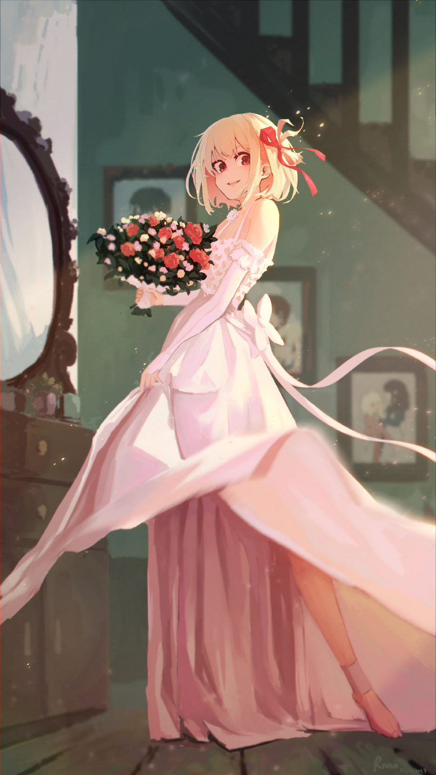 1girl absurdres anklet bare_shoulders barefoot blonde_hair bouquet bridal_gauntlets carrying carrying_person commentary dress hair_ribbon highres holding holding_bouquet indoors jewelry light_particles looking_at_viewer lycoris_recoil lycoris_uniform mirror nishikigi_chisato open_mouth photo_(object) red_eyes red_ribbon ribbon rnna short_hair sidelocks skirt_hold sleeveless sleeveless_dress solo wedding_dress white_dress yuri