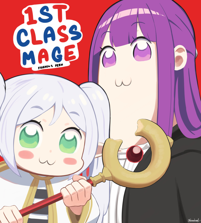 2girls :3 absurdres bkub_(style) black_coat blunt_bangs blush_stickers capelet coat commentary dress english_commentary fern_(sousou_no_frieren) frieren gold_trim green_eyes highres kion-kun long_hair multiple_girls open_clothes open_coat parody poptepipic purple_hair red_background shirt sousou_no_frieren striped_clothes striped_shirt twintails upper_body violet_eyes white_capelet white_dress white_hair