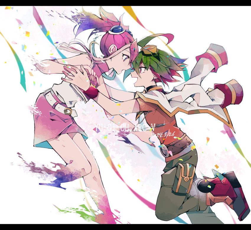 1boy 1girl absurdres ahoge belt boots commentary_request copyright_name couple dated goggles goggles_on_head green_hair green_pants hair_between_eyes hair_ornament hetero highres hiiragi_yuzu jacket jacket_on_shoulders jewelry looking_at_another miniskirt pants pendant pink_eyes pink_hair pink_skirt red_eyes red_footwear red_shirt redhead sakaki_yuuya shirt short_twintails skirt sleeveless sleeveless_shirt tasutekete twintails white_background white_jacket white_shirt yu-gi-oh! yu-gi-oh!_arc-v