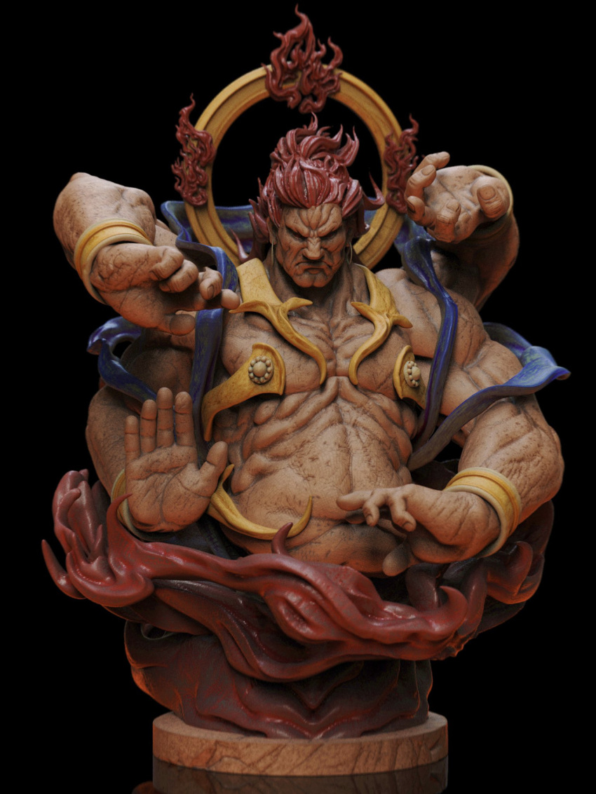 1boy 3d akuma_(street_fighter) cropped_torso extra_arms fiery_hair figure fire frown halo_behind_head highres hubai_(f_mandelbrot) large_hands looking_at_viewer male_focus muscular muscular_male pectorals photo_(medium) redhead solo street_fighter wrinkled_skin