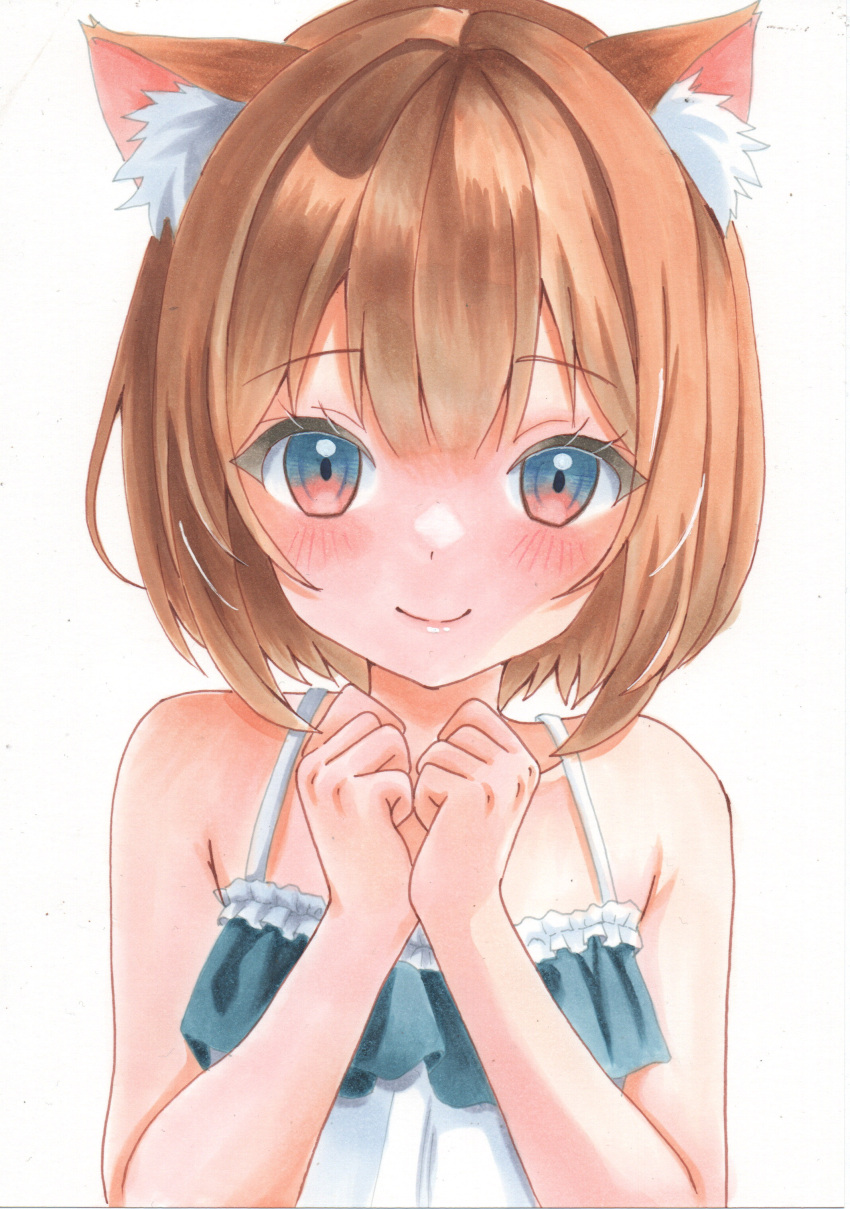 1girl absurdres animal_ear_fluff animal_ears bare_shoulders brown_hair cat_ears cat_girl chika_(chika_200806) flat_chest hands_on_own_chest highres looking_at_viewer original own_hands_together short_hair sleeveless smile traditional_media upper_body