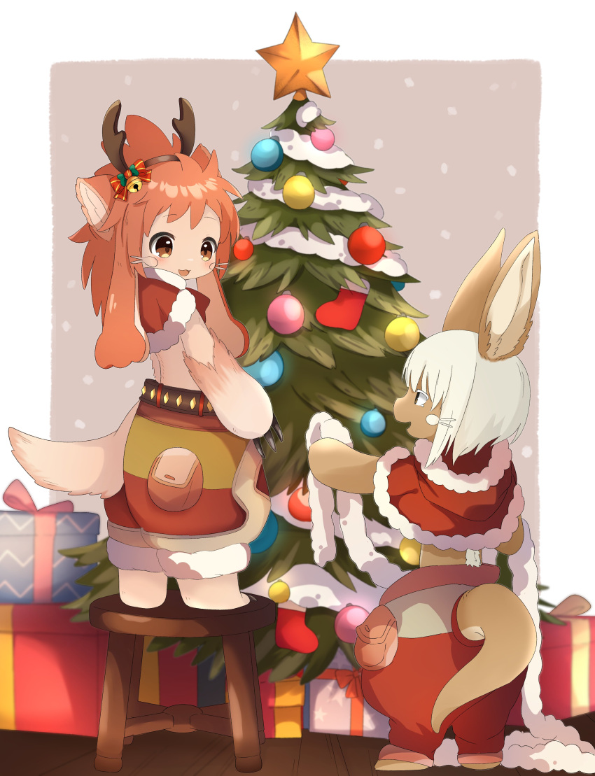 1girl 1other :3 absurdres animal_ears antlers body_fur border bow box brown_background brown_eyes brown_fur capelet christmas christmas_ornaments christmas_star christmas_stocking christmas_tree fur-trimmed_capelet fur_trim furry furry_female garland_(decoration) gift gift_box hat highres horns looking_at_another made_in_abyss mitty_(made_in_abyss)_(furry) nanachi_(made_in_abyss) on_stool open_mouth pants pink_fur pouch rabbit_ears red_bow red_capelet red_hat red_pants redhead reindeer_antlers santa_capelet sidelocks snow standing star_(symbol) stool tail uis0 whiskers white_border wooden_floor wooden_stool yellow_eyes