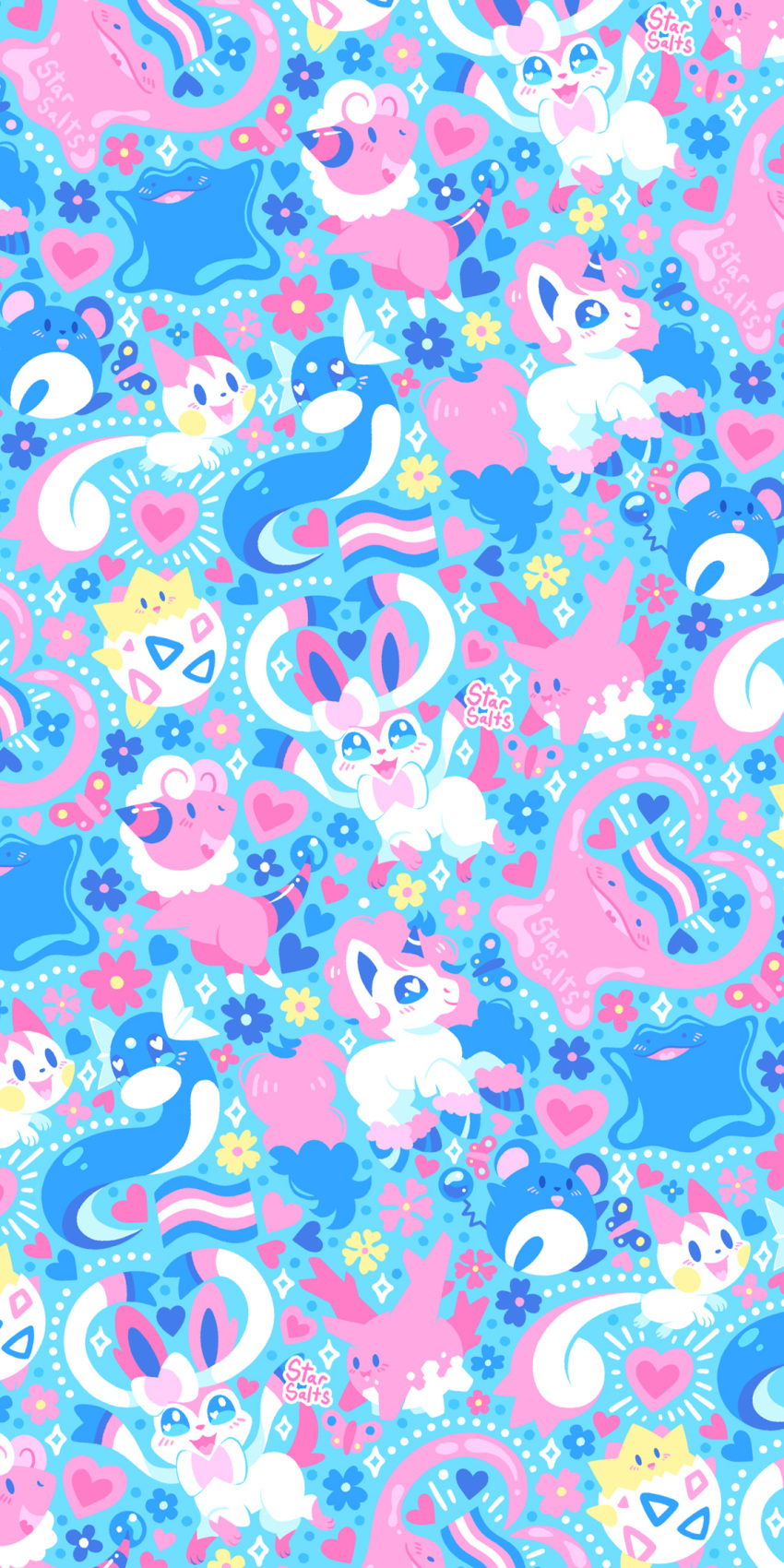 artist_name blue_background blue_flower blush_stickers bow bowtie character_request commentary english_commentary flower heart heart_in_eye highres limited_palette mouse_(animal) no_humans notice_lines open_mouth pink_bow pink_bowtie pink_flower pokemon pokemon_(creature) smile sparkle starsalts sylveon symbol_in_eye transgender_flag unicorn