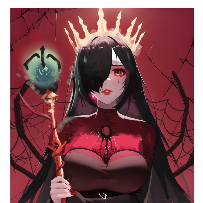 1girl black_hair commentary crown dress english_commentary highres holding holding_staff lips long_hair looking_at_viewer miisan1 morganthe red_dress red_eyes silk solo spider_web staff very_long_hair webbed_hands wizard101