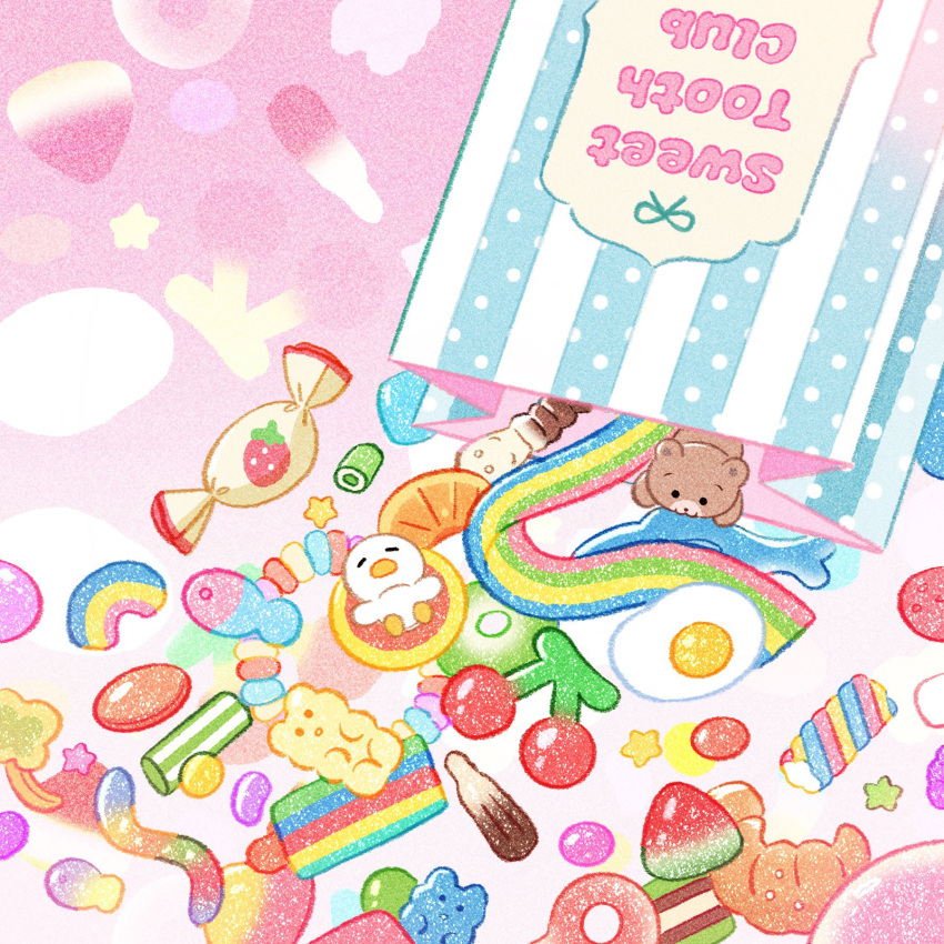 bag bear bird candy candy_wrapper cherry colorful commentary egg english_commentary food food_focus fruit gummy_bear gummy_worm highres jelly_bean no_humans original pink_background rainbow star_(symbol) strawberry summernight_12 watermelon wrapped_candy
