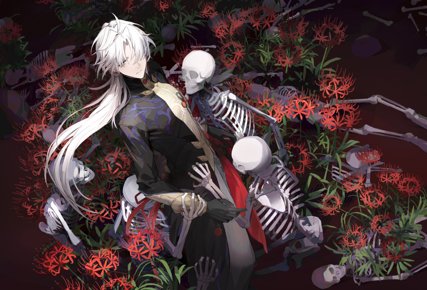 1boy bazhua black_coat black_gloves blade_(honkai:_star_rail) bone chinese_clothes closed_mouth coat cowboy_shot curtained_hair earrings expressionless field flower flower_field gloves grass grey_eyes grey_pants hair_over_one_eye half_updo highres honkai:_star_rail honkai_(series) jewelry long_hair long_sleeves looking_at_viewer looking_to_the_side male_focus pants red_flower skeleton sleeve_cuffs solo spider_lily standing stud_earrings turtleneck white_hair yingxing_(honkai:_star_rail)