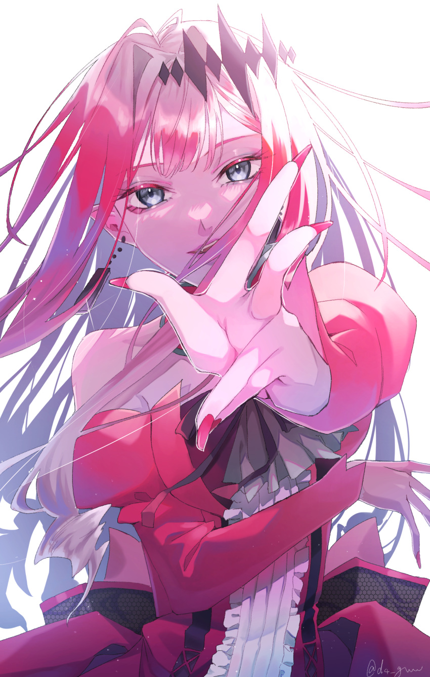 1girl baobhan_sith_(fate) baobhan_sith_(first_ascension)_(fate) bare_shoulders breasts detached_sleeves dress earrings fang fate/grand_order fate_(series) frilled_dress frills grey_eyes hair_ornament highres jewelry long_hair looking_at_viewer nail_polish parted_lips pink_hair pink_nails pointy_ears reaching reaching_towards_viewer red_dress sidelocks smile solo upper_body white_background yutsuki_(pixiv40202660)
