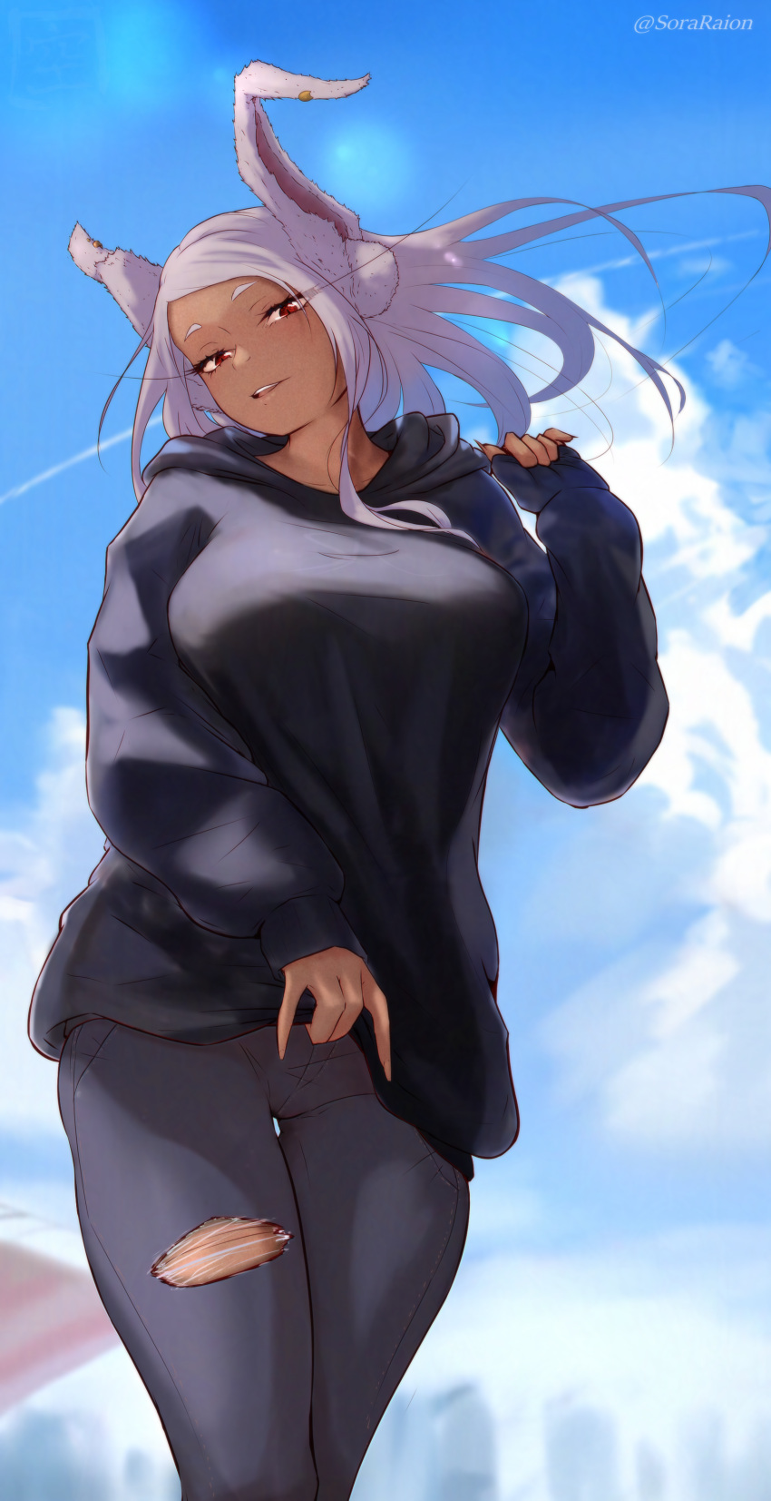 1girl absurdres animal_ears black_hoodie blue_sky boku_no_hero_academia breasts casual clouds dark-skinned_female dark_skin english_commentary floating_hair grey_pants hand_up highres hood hoodie large_breasts long_hair looking_at_viewer mirko mixed-language_commentary pants parted_bangs parted_lips rabbit_ears rabbit_girl red_eyes sky sleeves_past_wrists smile solo sora_raion spanish_commentary teeth thigh_gap torn_clothes torn_pants twitter_username upper_teeth_only white_hair