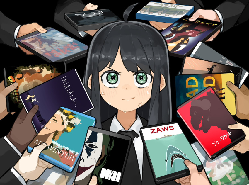 1girl @_@ ahoge batman_(series) black_background black_hair black_necktie black_suit blush brand_name_imitation closed_mouth collared_shirt copyright_request dc_comics dvd_case godzilla_(series) green_eyes grimace highres holding_case indiana_jones_(series) indie_virtual_youtuber iron_man_(2008) jaws_(movie) john_wick joker_(2019) la_la_land long_hair looking_at_viewer mad_max mad_max:_fury_road marvel marvel_cinematic_universe matarou0625 midsommar necktie nervous_sweating ookami_kodomo_no_ame_to_yuki out_of_frame shin_godzilla shirt sidelocks suit surrounded surrounded_by_hands sweat the_shawshank_redemption tokoyo_moko upper_body v-shaped_eyebrows virtual_youtuber white_shirt