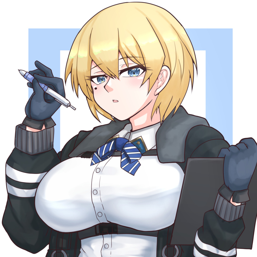 1girl black_gloves black_jacket blonde_hair blue_eyes blue_ribbon breasts buckle clipboard collared_shirt commentary girls_frontline gloves hair_between_eyes hand_up highres holding holding_clipboard holding_pen jacket large_breasts long_sleeves looking_at_viewer mole mole_under_eye neck_ribbon open_clothes open_jacket parted_lips pen ribbon shirt short_hair sidelocks snap-fit_buckle solo striped_ribbon tsuchinoko_snake upper_body vsk-94_(girls'_frontline) white_shirt
