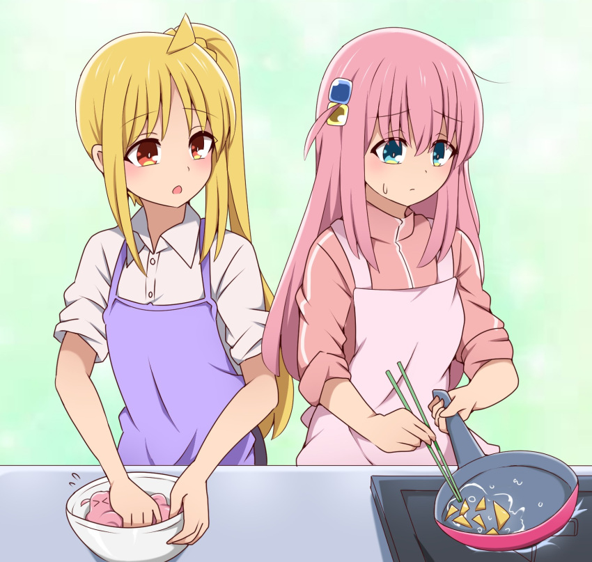 2girls ahoge apron blonde_hair bocchi_the_rock! bowl chips_(food) chopsticks collared_shirt commentary_request cooking cube_hair_ornament detached_ahoge dual_wielding food frying_pan gotoh_hitori gotoh_hitori_(octopus) green_eyes hair_between_eyes hair_ornament highres holding holding_chopsticks holding_frying_pan ijichi_nijika jacket kitchen long_hair long_sleeves looking_at_another multiple_girls one_side_up orange_eyes pink_apron pink_hair pink_jacket purple_apron shirt side_ponytail sidelocks simple_background sleeves_rolled_up stove suwaneko sweatdrop tortilla track_jacket white_shirt