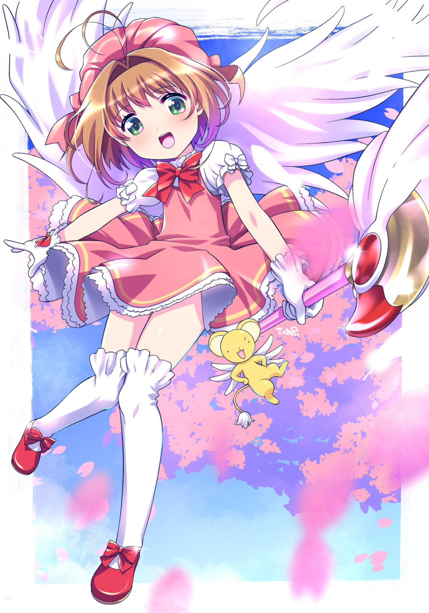 1girl blush brown_hair cardcaptor_sakura cherry_blossoms dress full_body fuuin_no_tsue gloves green_eyes highres himehachi_(hime8manga) holding holding_wand kero_(cardcaptor_sakura) kinomoto_sakura magical_girl open_mouth petals pink_dress pink_hat short_hair smile solo thigh-highs wand white_gloves white_thighhighs white_wings wings