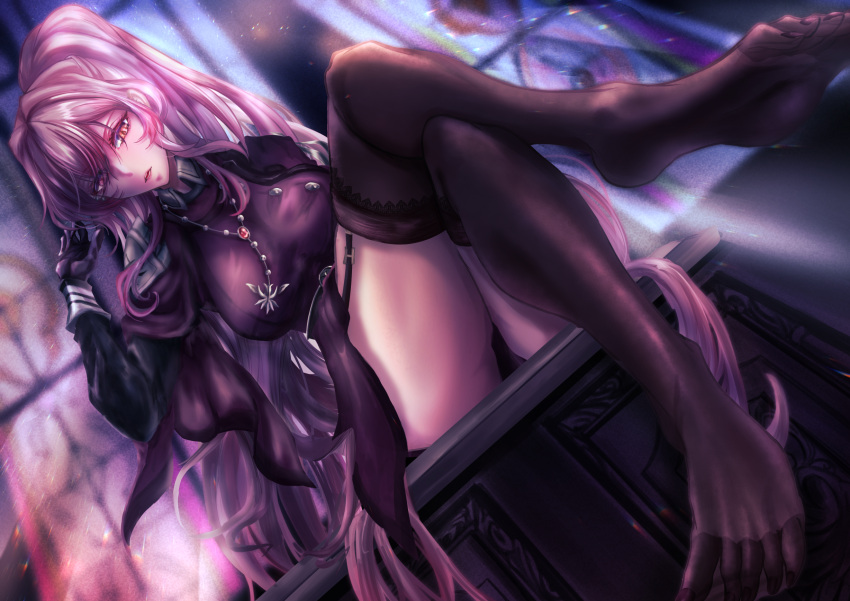 1girl breasts coat duel_monster elbow_gloves exosister_martha full_body gloves hair_between_eyes highres indoors large_breasts light_rays long_hair looking_at_viewer parted_bangs patrulea4444 pink_hair ponytail sidelocks sitting solo stained_glass thigh-highs thighs very_long_hair yu-gi-oh!