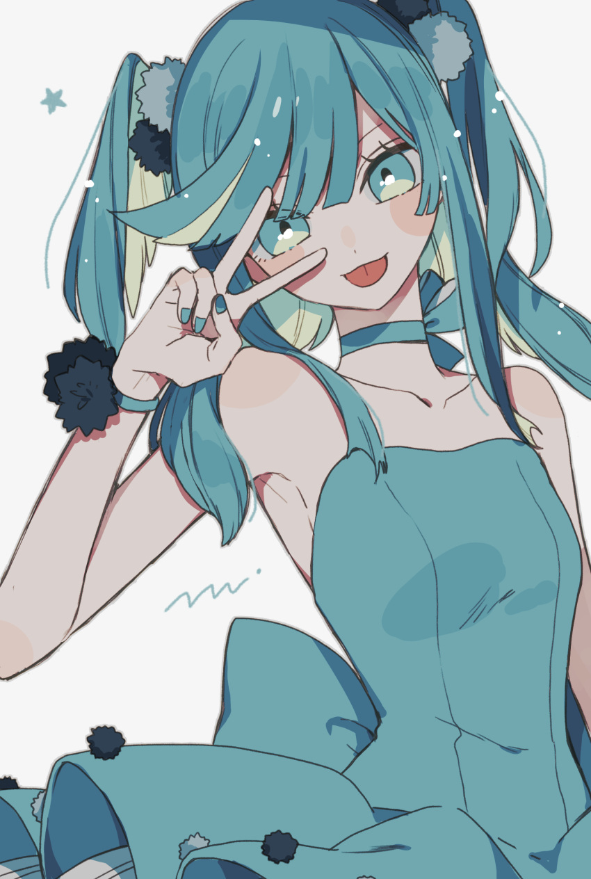 1girl :p aqua_dress aqua_eyes aqua_hair aqua_nails bare_shoulders blue_dress blue_hair blue_nails choker collarbone dress hand_up highres long_hair looking_at_viewer maco22 multicolored_hair nail_polish original pom_pom_(clothes) simple_background smile solo star_(symbol) strapless strapless_dress tongue tongue_out twintails two_side_up v white_background