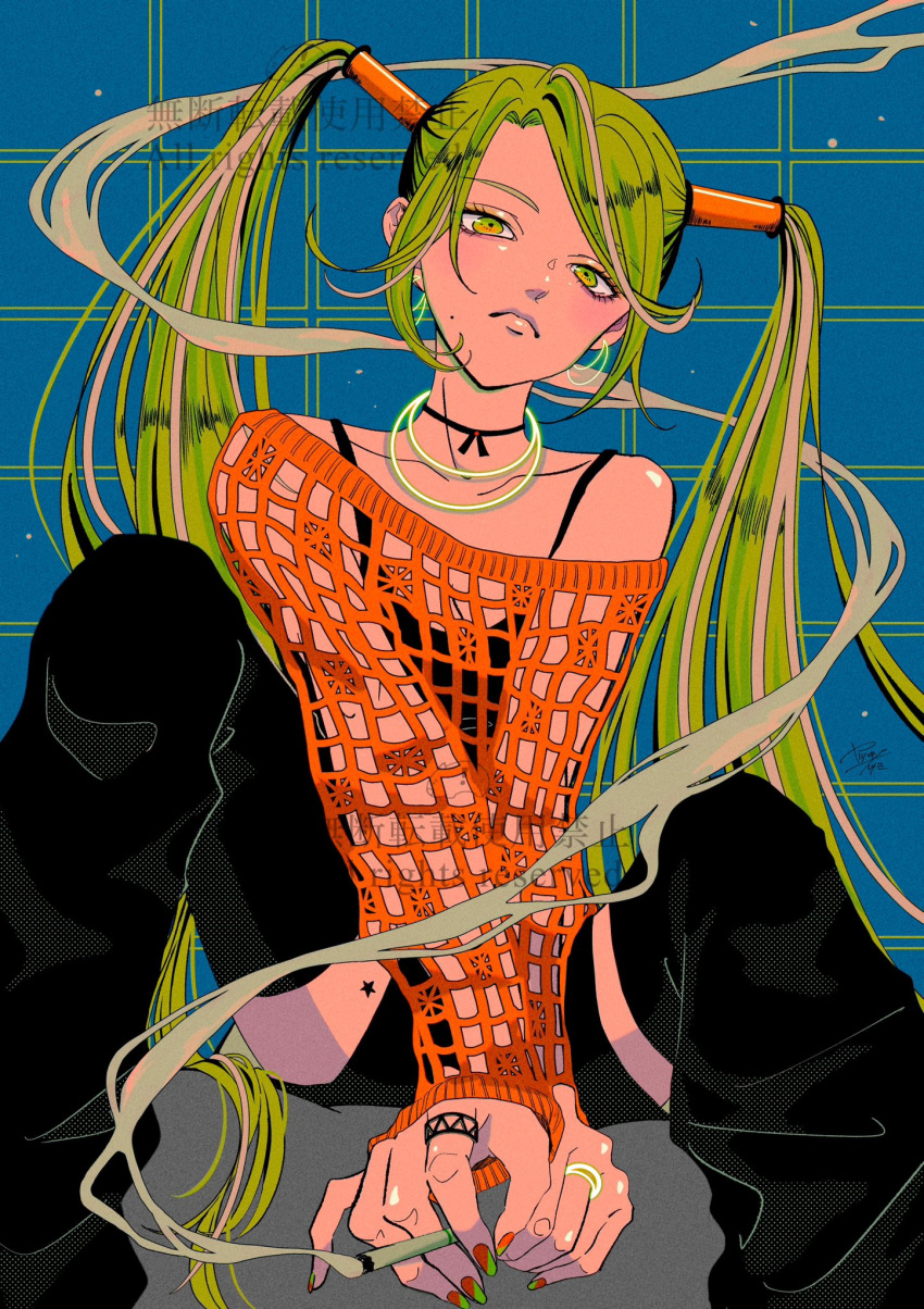 1girl black_camisole black_shorts black_thighhighs blush camisole earrings fishnet_top fishnets green_eyes green_hair hair_tubes halftone highres jewelry long_hair looking_at_viewer mole_beside_mouth necklace orange_shirt original ring shirt shorts solo star_(symbol) thigh-highs twintails very_long_hair watermark yatsuki_natsumi