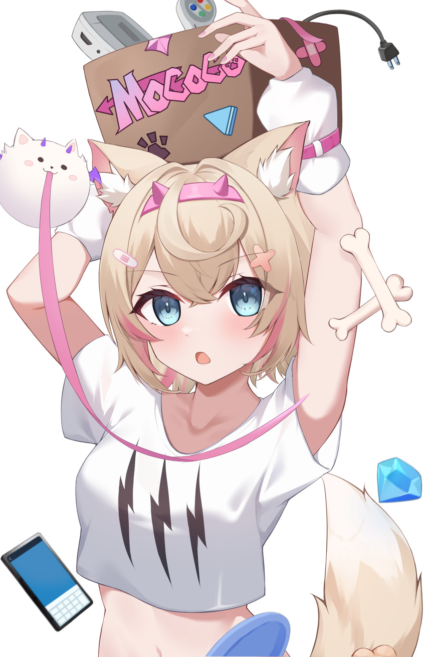 1girl absurdres animal_ears arm_warmers arms_up bandaid bandaid_hair_ornament blonde_hair blue_eyes box breasts cardboard_box carrying_overhead cellphone cet_(hajisirazunoko) character_name crop_top cropped_shirt crossed_bangs dog_ears dog_girl dog_tail double-parted_bangs fake_horns game_console hair_between_eyes hair_intakes hair_ornament hairband highres hololive hololive_english horn_hairband horns light_brown_hair looking_at_viewer mococo_abyssgard mococo_abyssgard_(1st_costume) multicolored_hair navel perroccino_(fuwamoco) phone pink_hair pink_hairband shirt short_hair simple_background small_breasts smartphone solo streaked_hair super_famicom t-shirt tail virtual_youtuber white_background white_shirt x_hair_ornament