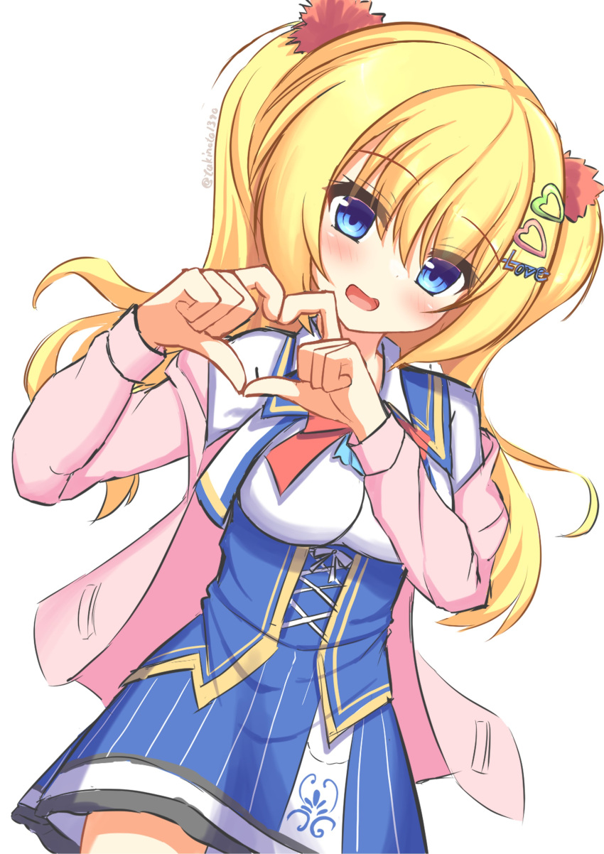 1girl absurdres blonde_hair blue_corset blue_eyes blue_skirt blush breasts cardigan commentary_request corset cowboy_shot dutch_angle english_text eyes_visible_through_hair hair_between_eyes hair_ornament hairclip hands_up happy heart heart_hair_ornament heart_hands highres kin-iro_loveriche kisaki_reina long_hair long_sleeves looking_at_viewer medium_breasts open_cardigan open_clothes open_mouth pink_cardigan pom_pom_(clothes) pom_pom_hair_ornament school_uniform shirt simple_background skirt smile solo striped_clothes striped_skirt twintails twitter_username vertical-striped_clothes vertical-striped_skirt white_background white_shirt yukinoto1390