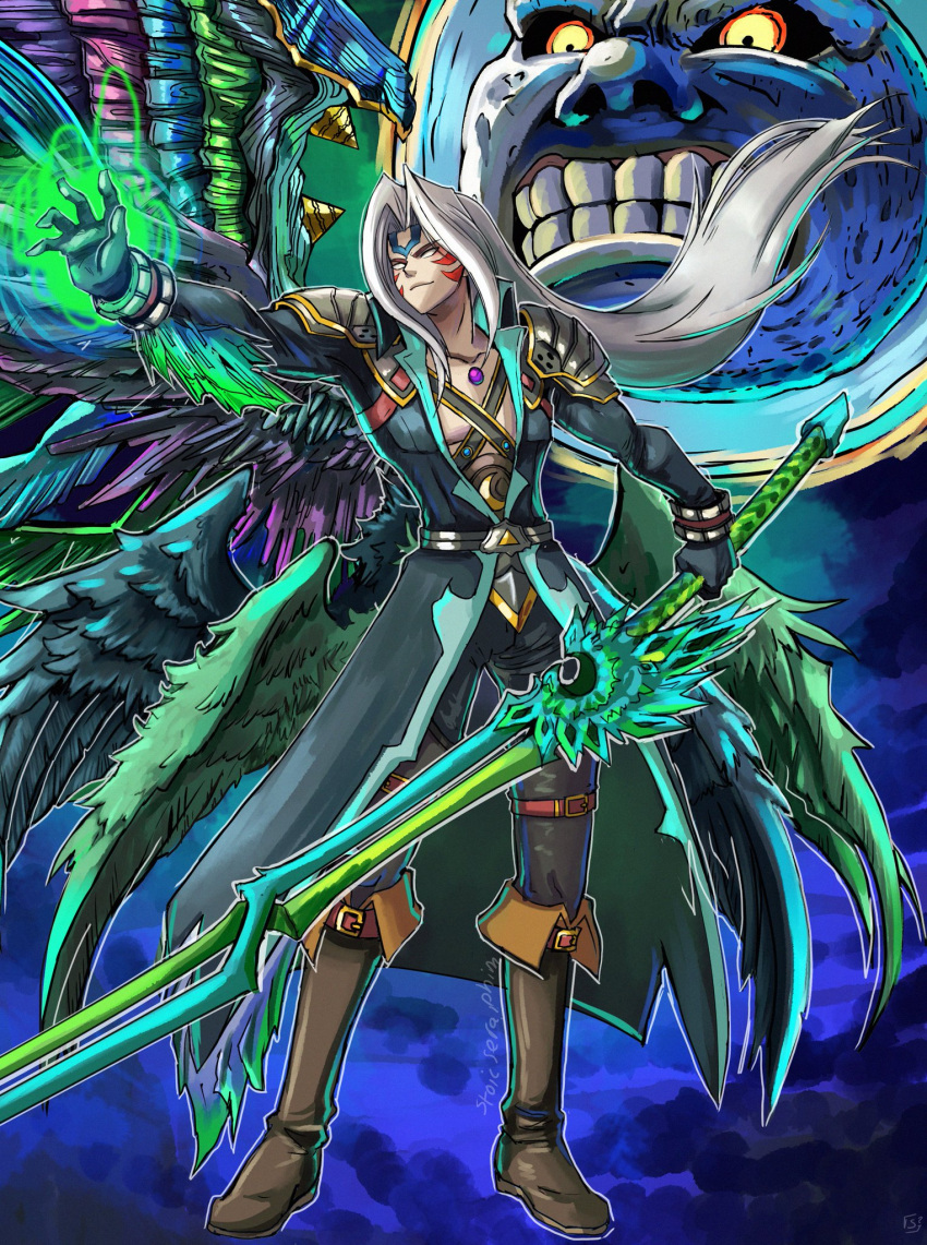 alternate_color alternate_costume alternate_eye_color alternate_weapon armor aura black_eyes black_sclera blue_gemstone boots chest_jewel chest_strap clenched_teeth colored_sclera corruption crescent crossover dark_persona evil_smile facial_tattoo feathered_wings fierce_deity final_fantasy final_fantasy_vii frown gem glowing glowing_hand highres holding holding_sword holding_weapon jacket long_hair looking_to_the_side majora_(entity) moon no_pupils open_clothes open_jacket pauldrons possessed purple_gemstone sephiroth shoulder_armor smile stoic_seraphim super_smash_bros. sword tattoo teeth the_legend_of_zelda the_legend_of_zelda:_majora's_mask triangle weapon white_eyes white_hair wings wrist_guards yellow_eyes yellow_sclera