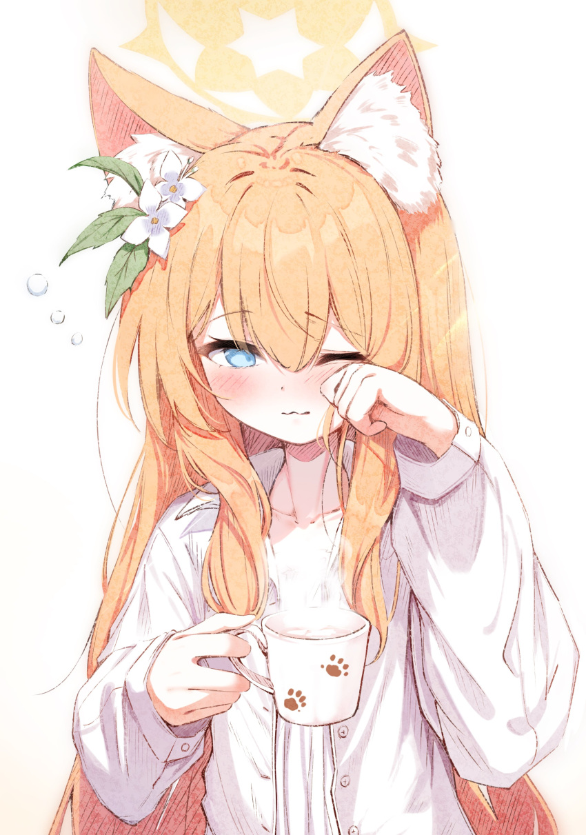 1girl ;3 absurdres animal_ear_fluff animal_ears blue_archive blue_eyes blush buttons cat_ears closed_mouth coffee coffee_mug collarbone commentary_request cup emimeku eyelashes flower hair_between_eyes hair_flower hair_ornament halo hands_up highres holding holding_cup long_hair long_sleeves looking_at_viewer mari_(blue_archive) mug one_eye_closed orange_hair pajamas paw_print rubbing_eyes shirt sidelocks simple_background sleepy smile solo squeans steam upper_body very_long_hair white_background white_flower white_pajamas white_shirt