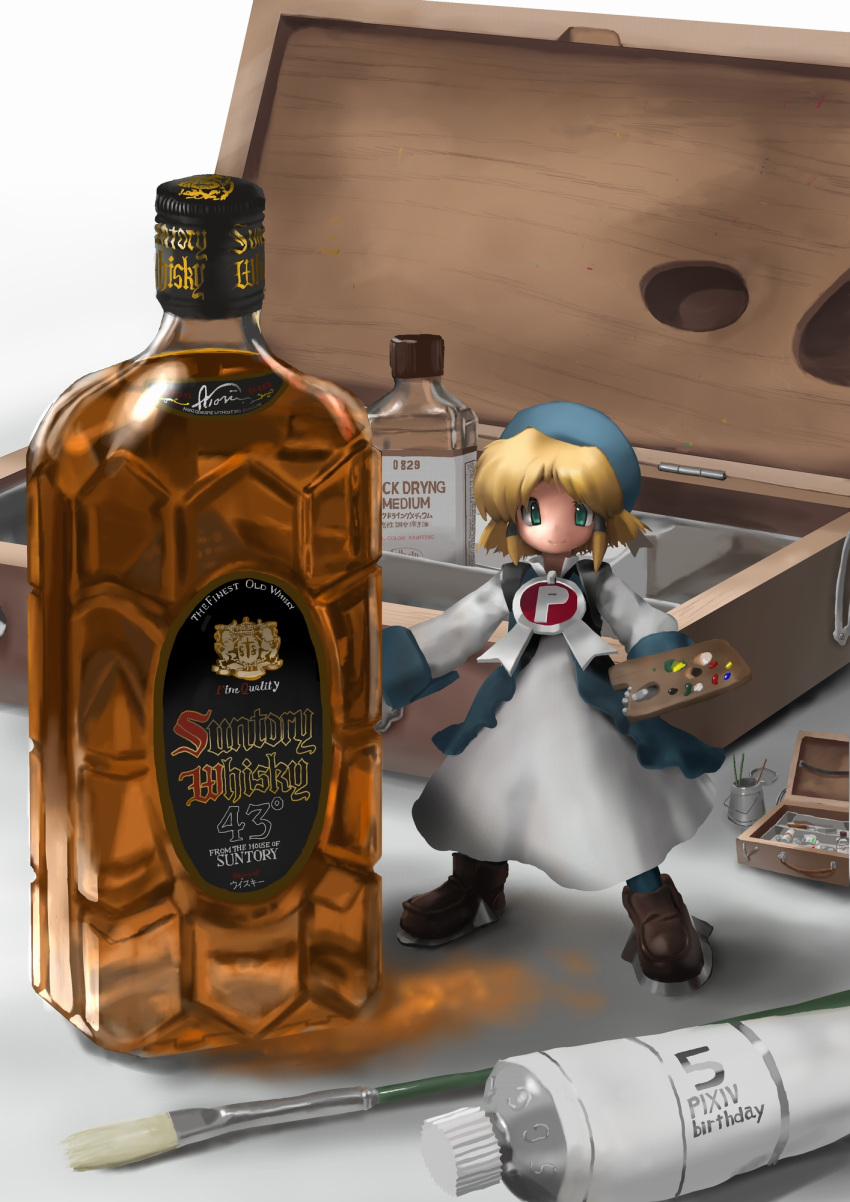 1girl alcohol blonde_hair blue_hat blue_jacket bottle brown_footwear closed_mouth dress english_text full_body green_eyes grey_dress hair_tubes highres holding holding_palette jacket long_sleeves looking_at_viewer mini_person minigirl paintbrush palette_(object) pixiv pixiv-tan short_hair smile solo soutasan standing suntory translation_request whiskey