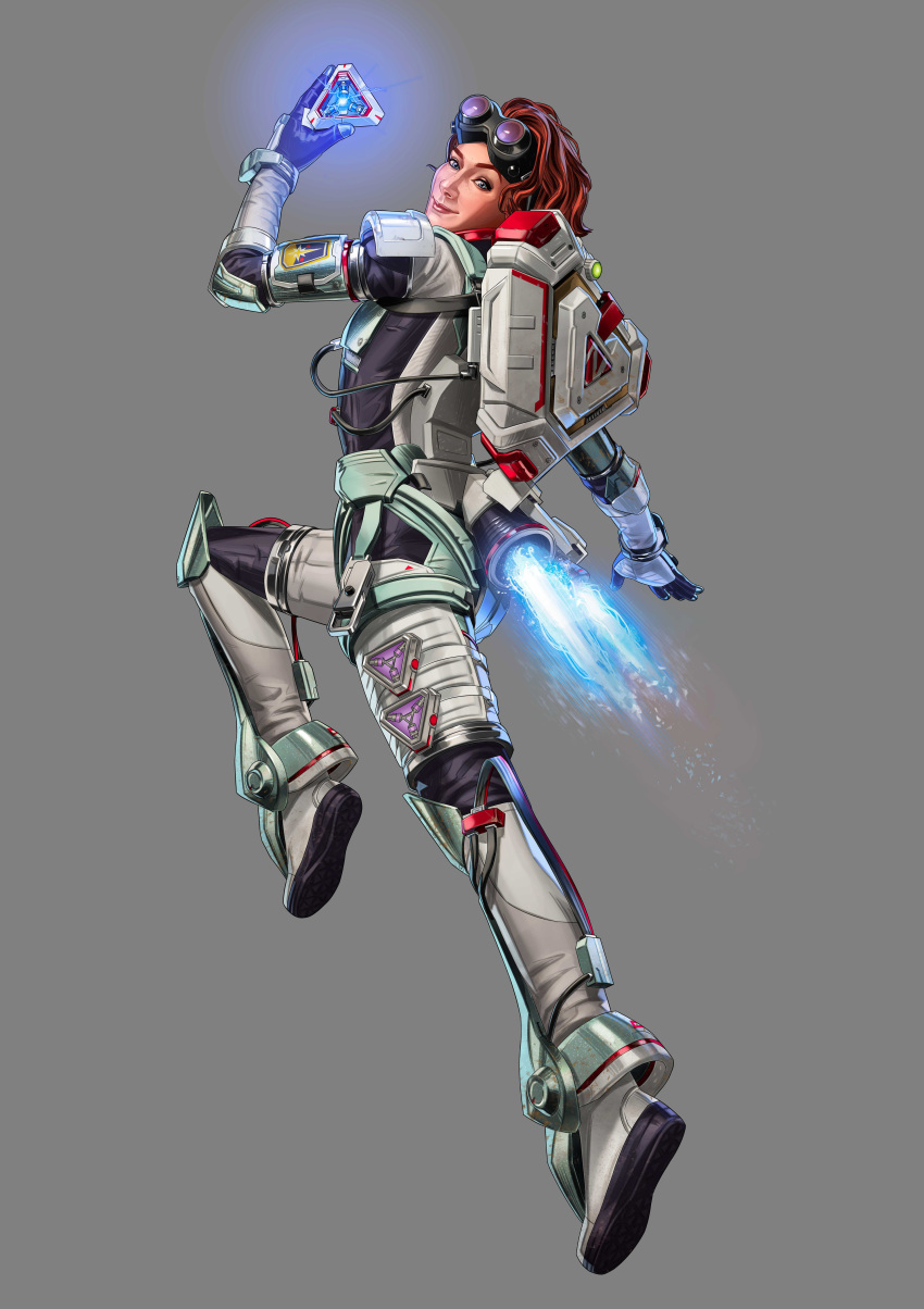 1girl absurdres apex_legends apex_legends_mobile black_gloves english_commentary from_side gloves goggles goggles_on_head grey_background highres horizon_(apex_legends) jumping looking_at_viewer official_art orange_hair short_hair smile solo soojung_lee spacesuit thrusters