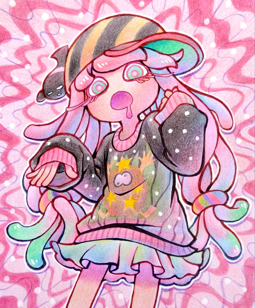 1girl :o alternate_costume baseball_cap black_sweater blue_eyes blue_hair blue_skirt christmas_sweater clownfish co_ma_tsu_na colored_eyelashes commentary_request cowboy_shot drooling fish gradient_hair hair_ornament hair_scrunchie hand_up harmony's_clownfish_(splatoon) harmony_(splatoon) hat highres long_hair looking_at_viewer mouth_drool multicolored_hair multicolored_scrunchie open_mouth oversized_clothes pink_hair pink_pupils print_sweater scrunchie sideways_hat skirt sleeves_past_wrists solo splatoon_(series) splatoon_3 standing striped_clothes striped_headwear sweater tentacle_hair very_long_hair yellow_hat