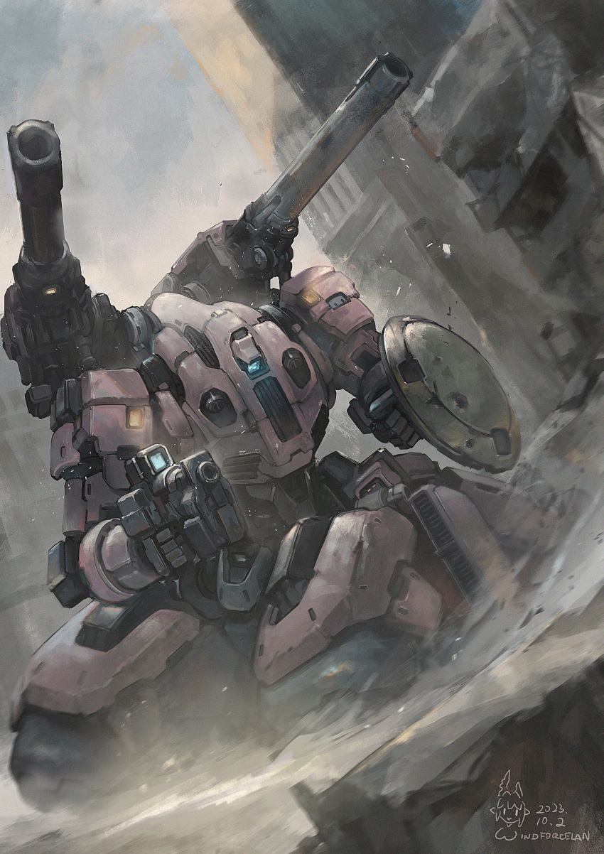 aiming arm_shield artist_logo artist_name building chinese_commentary commentary_request dated day dust_cloud gun gundam gundam_wing highres holding holding_gun holding_weapon mecha mecha_focus no_humans outdoors robot ruins science_fiction shoulder_cannon solo tragos weapon windforcelan