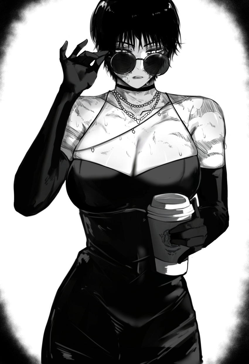 1girl absurdres black_dress black_gloves burn_scar cup dress drink elbow_gloves glasses gloves greyscale highres holding holding_cup holding_drink jewelry jujutsu_kaisen masoq monochrome muscular muscular_female necklace scar scar_on_arm scar_on_back scar_on_face short_hair solo starbucks too_many too_many_scars zen'in_maki