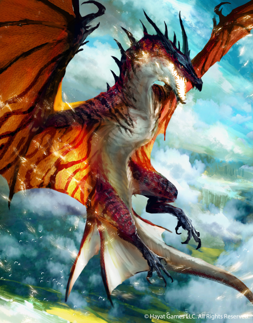 absurdres animal_focus blue_sky clouds cloudy_sky company_name day dragon duong_ct flying full_body glowing_mouth highres horns monster no_humans open_mouth original outdoors sharp_teeth simple_bird sky solo spikes tail teeth wings wyvern