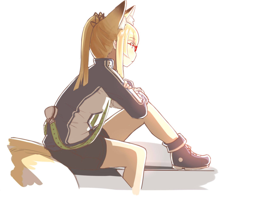 1girl animal_ear_fluff animal_ears black_footwear black_jacket black_shorts blonde_hair blue_eyes breasts closed_mouth commentary_request fox_ears fox_girl fox_tail from_side glasses highres jacket kuro_kosyou leaning_forward long_hair long_sleeves original ponytail profile red-framed_eyewear shoes shorts simple_background sitting small_breasts solo tail white_background white_jacket