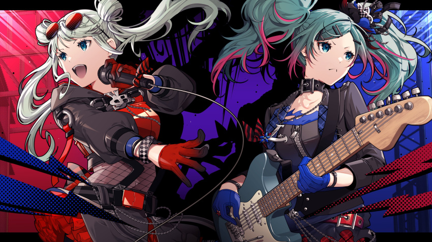 2girls :&lt; :d absurdres belt belt_collar blue_eyes blue_gloves breasts chain chain_necklace choker closed_mouth collar cowboy_shot domco electric_guitar eyewear_on_head fishnets frilled_skirt frills gloves gradient_hair green_hair guitar hatsune_miku highres holding holding_guitar holding_instrument holding_microphone instrument jacket jewelry leather leather_jacket leo/need_miku long_hair looking_to_the_side medium_breasts microphone multicolored_hair multiple_girls necklace open_mouth plaid plaid_skirt plectrum project_sekai red_gloves skirt sleeves_past_elbows smile streaked_hair sunglasses swept_bangs teeth twintails upper_teeth_only vivid_bad_squad_miku zipper