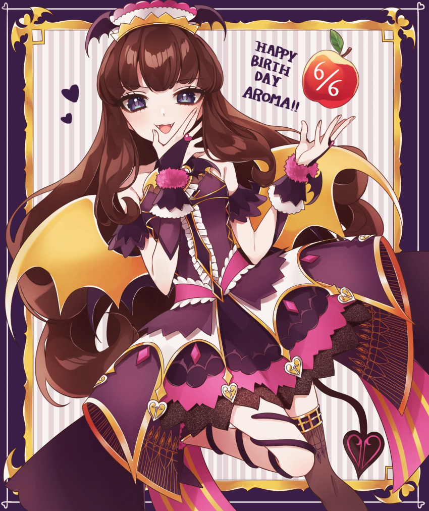 1girl :d ao_(ao0_0nemu) apple bad_id bad_twitter_id blue_eyes border bridal_gauntlets brown_hair character_name commentary_request demon_tail demon_wings dress fake_wings food fruit hand_on_own_face hands_up happy_birthday highres idol_clothes kurosu_aroma long_hair looking_at_viewer open_mouth pretty_series pripara purple_border purple_dress red_apple single_thighhigh smile solo standing standing_on_one_leg tail thigh-highs very_long_hair wings