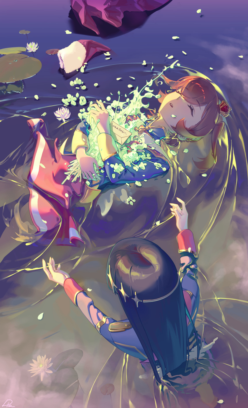 2girls absurdres afloat aijou_karen artist_name black_hair blue_jacket blue_skirt bouquet brown_hair closed_eyes commentary crown daifunier envelope epaulettes facing_away flower flower_on_liquid from_above fur-trimmed_jacket fur_trim green_flower hair_between_eyes hair_ornament hands_up highres holding holding_bouquet jacket kagura_hikari lily_pad long_hair long_sleeves mini_crown miniskirt multiple_girls outdoors outstretched_arms parted_lips partially_submerged petals petals_on_liquid red_jacket red_skirt short_hair shoujo_kageki_revue_starlight single_stripe skirt sparkle_hair_ornament standing striped_clothes striped_skirt teeth tilted_headwear translated two_side_up unworn_jacket upper_teeth_only wading water white_flower