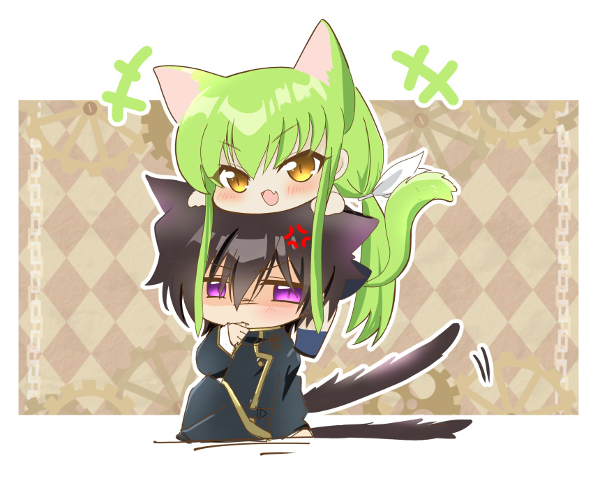 +++ 1boy 1girl :d absurdres anger_vein angry animal_ears argyle_background ayuko_735 black_hair blush c.c. cat_boy cat_ears cat_girl cat_tail chibi code_geass commentary_request expressive_tail fang green_hair hair_between_eyes hair_ribbon hand_up happy head_on_head head_rest highres jitome kemonomimi_mode lelouch_vi_britannia light_brown_background long_hair looking_at_viewer low_ponytail motion_lines open_mouth ribbon shaded_face short_hair sidelocks simple_background sitting skin_fang slit_pupils smile straight_hair tail tail_raised two-tone_background v-shaped_eyebrows very_long_hair violet_eyes white_background white_ribbon yellow_eyes