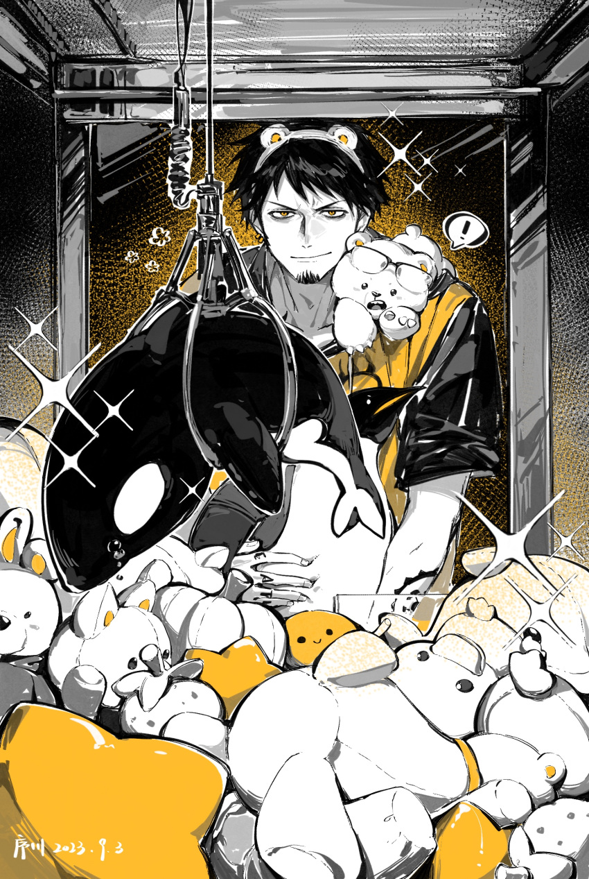 ! 1boy animal_ear_hairband animal_ears arm_tattoo black_hair black_hoodie closed_mouth commentary crane_game dated earrings facial_hair fake_animal_ears glasses goatee hairband hand_tattoo highres holding holding_stuffed_toy hood hoodie jewelry jyukawa looking_at_viewer male_focus one_piece short_hair short_sleeves smile solo sparkle spoken_exclamation_mark stuffed_animal stuffed_duck stuffed_orca stuffed_penguin stuffed_star stuffed_toy symbol-only_commentary tattoo teddy_bear trafalgar_law two-tone_hoodie yellow_eyes yellow_hoodie