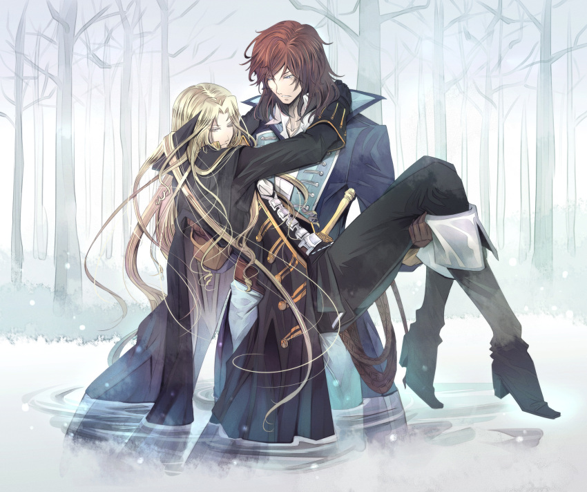 2boys alucard_(castlevania) arm_around_neck ascot bare_tree black_coat black_footwear black_gloves black_pants blonde_hair blue_coat brown_gloves brown_hair carrying castlevania_(series) coat collared_coat collared_shirt fog forest frock_coat gloves highres hilt kariya_(mizore) light_particles looking_at_another looking_down male_focus multiple_boys nature pants princess_carry richter_belmont shirt super_castlevania_iv tree wading water whip white_shirt