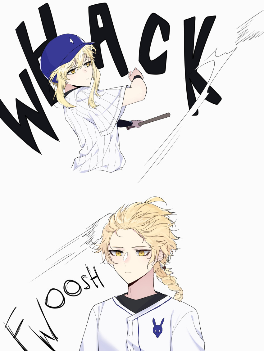 1boy 1girl absurdres aether_(genshin_impact) ahoge alternate_costume baseball_bat baseball_cap black_shirt blonde_hair blue_hat braid brother_and_sister buttons closed_mouth earrings english_commentary genshin_impact hair_between_eyes half-closed_eyes hand_up hands_up hat heishisei highres holding holding_baseball_bat jewelry long_hair looking_at_another looking_to_the_side lumine_(genshin_impact) shirt short_hair short_sleeves siblings sidelocks simple_background single_earring sparkle_print standing striped_clothes striped_shirt t-shirt upper_body white_background white_shirt wristband yellow_eyes