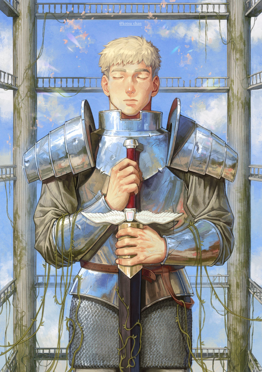 absurdres armor blonde_hair blue_sky chainmail closed_eyes clouds column dungeon_meshi hands_on_own_chest highres holding holding_sword holding_weapon kotsu_chan laios_touden pillar plant plate_armor scabbard sheath sky sword vines weapon