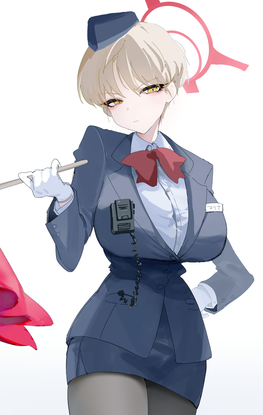 1girl absurdres black_hat black_pantyhose black_skirt blonde_hair blue_archive blush bow bowtie breasts buttons closed_mouth collared_shirt dantyou2525 flag gloves halo hat highres holding holding_flag large_breasts long_sleeves marina_(blue_archive) pantyhose red_bow red_bowtie red_halo shirt short_hair simple_background skirt solo tour_guide white_background white_gloves white_shirt yellow_eyes