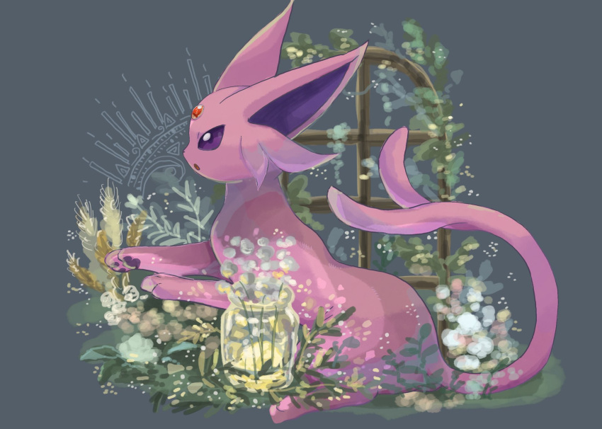 animal_focus bottle commentary espeon flower forehead_jewel full_body grey_background highres no_humans open_mouth pawpads pokemon pokemon_(creature) sitting solo symbol-only_commentary violet_eyes volpecorvo wheat white_flower window
