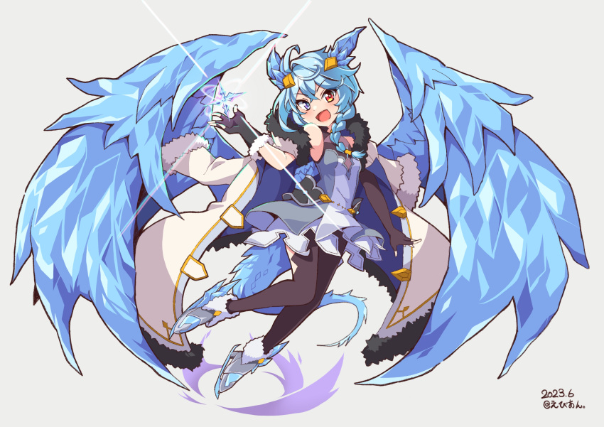 1girl absurdres black_gloves black_pantyhose braid coat coat_on_shoulders dragon_horns dragon_tail dragon_wings ebian_(ebiangames) fingerless_gloves full_body gloves highres horns pantyhose princess_connect! sheffy_(princess_connect!) simple_background single_braid solo tail wings